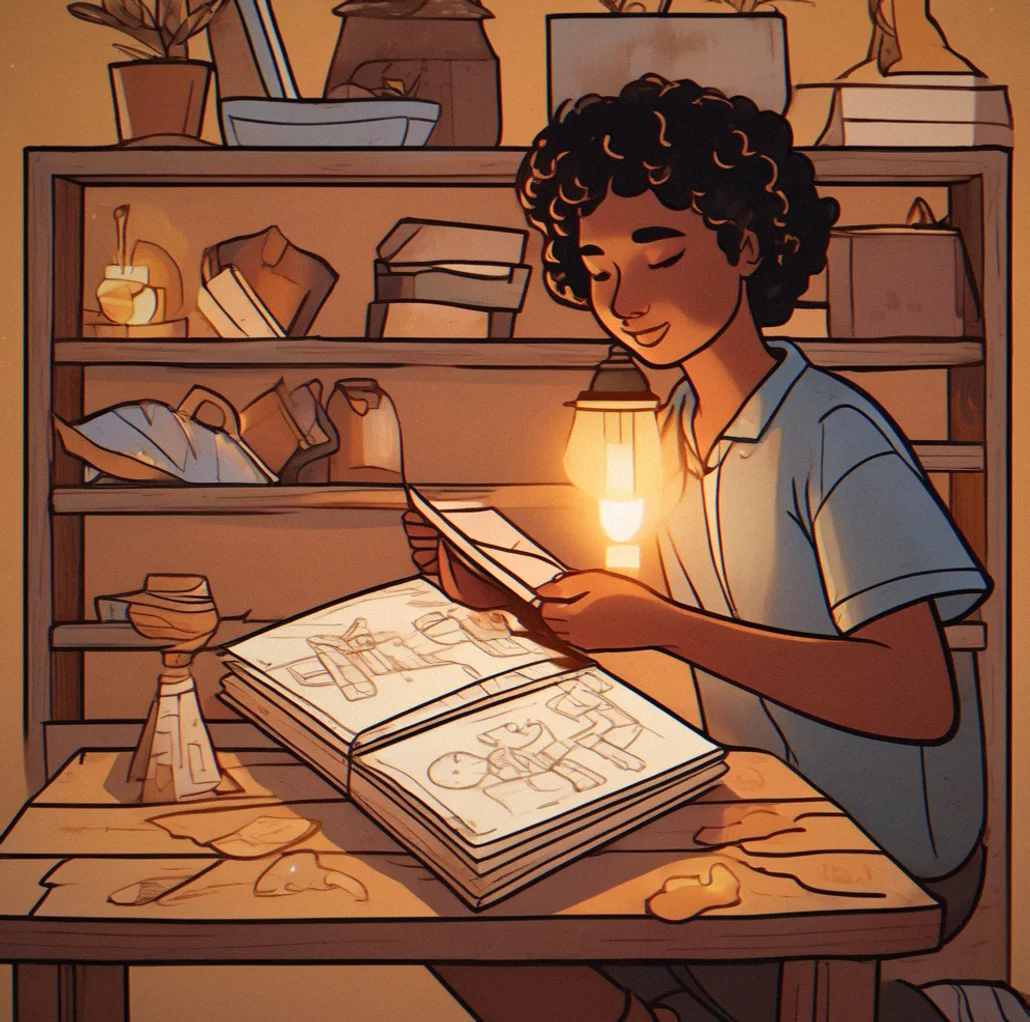 A close-up of someone unpacking a cardboard box, carefully arranging personal objects on a wooden shelf—each piece carrying its own story