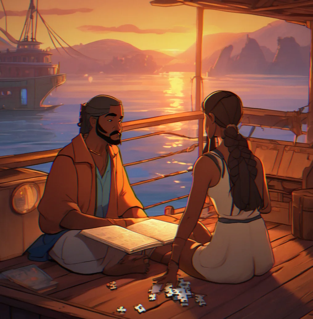 A ferry boat at sunset, two spirit characters standing together on the deck while the water glows soft orange