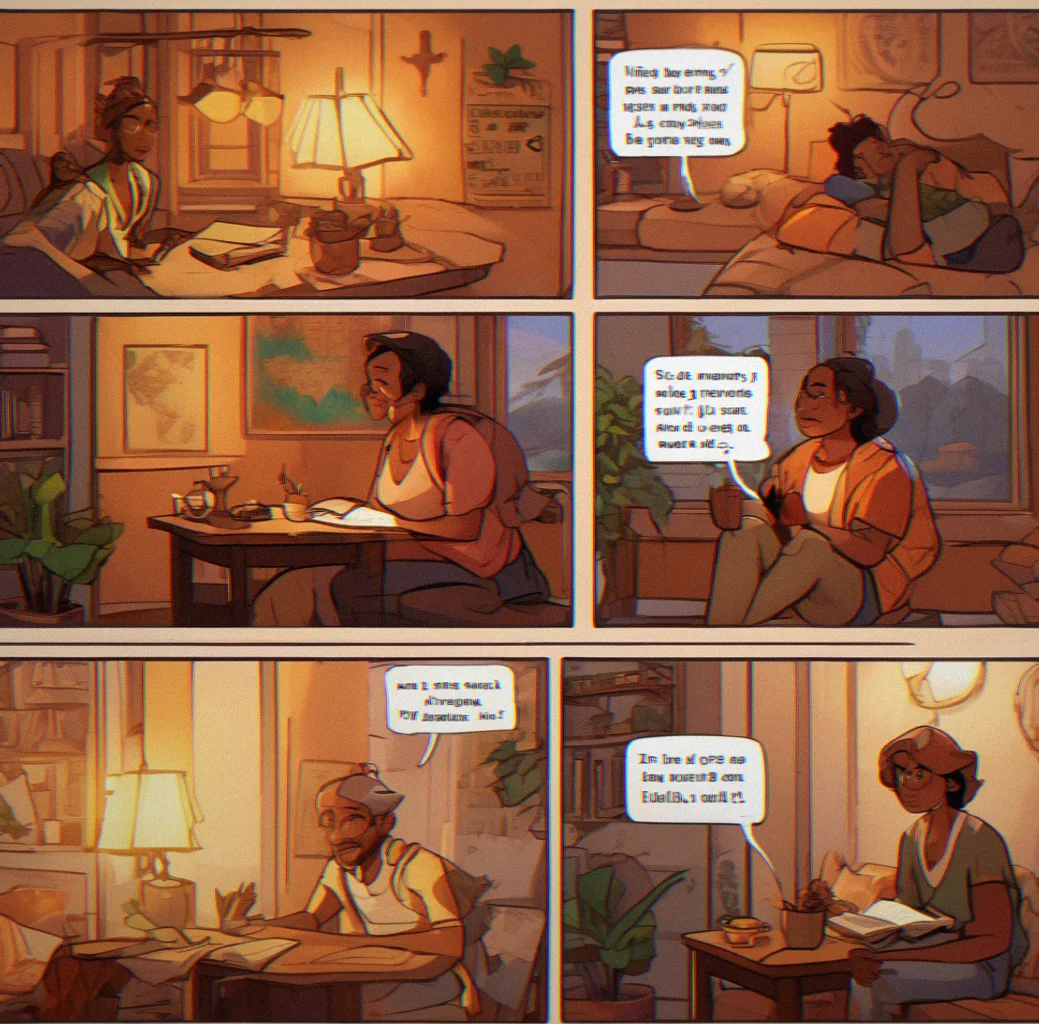 Inside a cozy apartment with conversation choices branching across the screen, multiple dialogue paths you can take