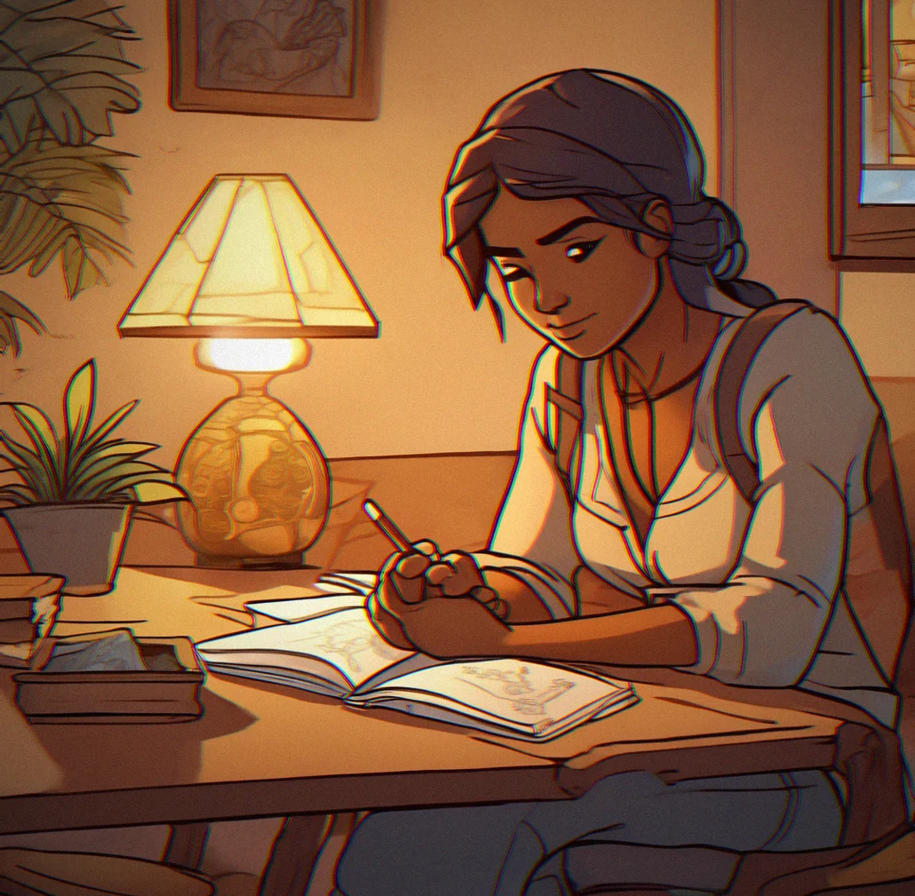 A quiet moment in a game—someone on a small island at sunset, noticing small things without any rush